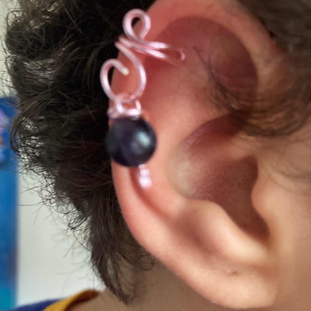 New Handcrafted Wire Ear Cuff With Black Obsidian Crystal Stone Bead Charm